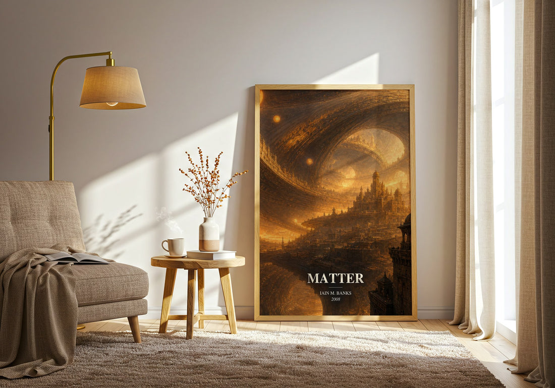 Matter watercolour print in frame leaning in hallway – sci fi wall art (mockup)