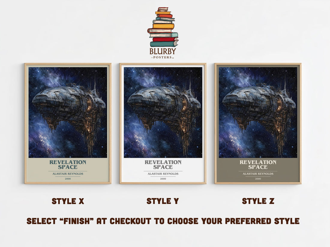 Revelation Space book cover print in frame leaning in hallway – sci fi wall art (mockup)