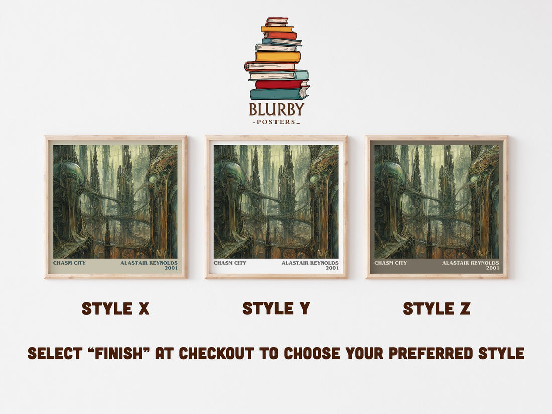Chasm City literary print in frame leaning in hallway – sci fi wall art (mockup)