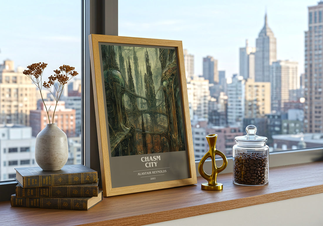 Chasm City book cover print framed by window – literary home decor