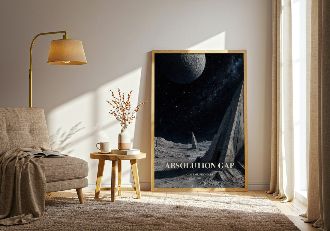 Absolution Gap watercolour print in frame leaning in hallway – sci fi wall art (mockup)