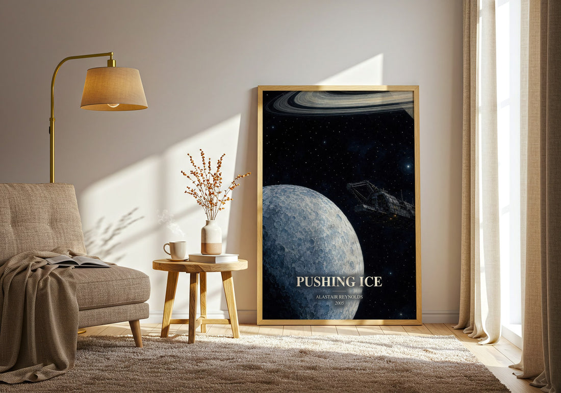 Pushing Ice watercolour print in frame leaning in hallway – sci fi wall art (mockup)