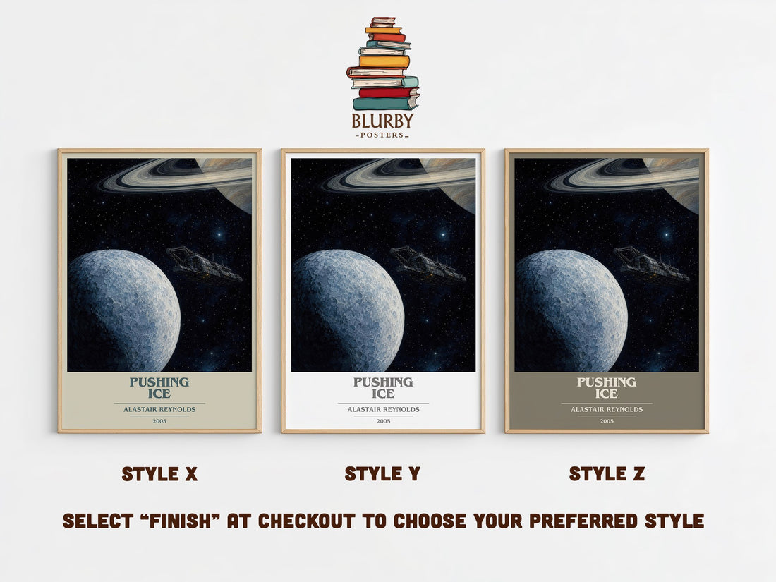 Pushing Ice book cover print in frame leaning in hallway – sci fi wall art (mockup)