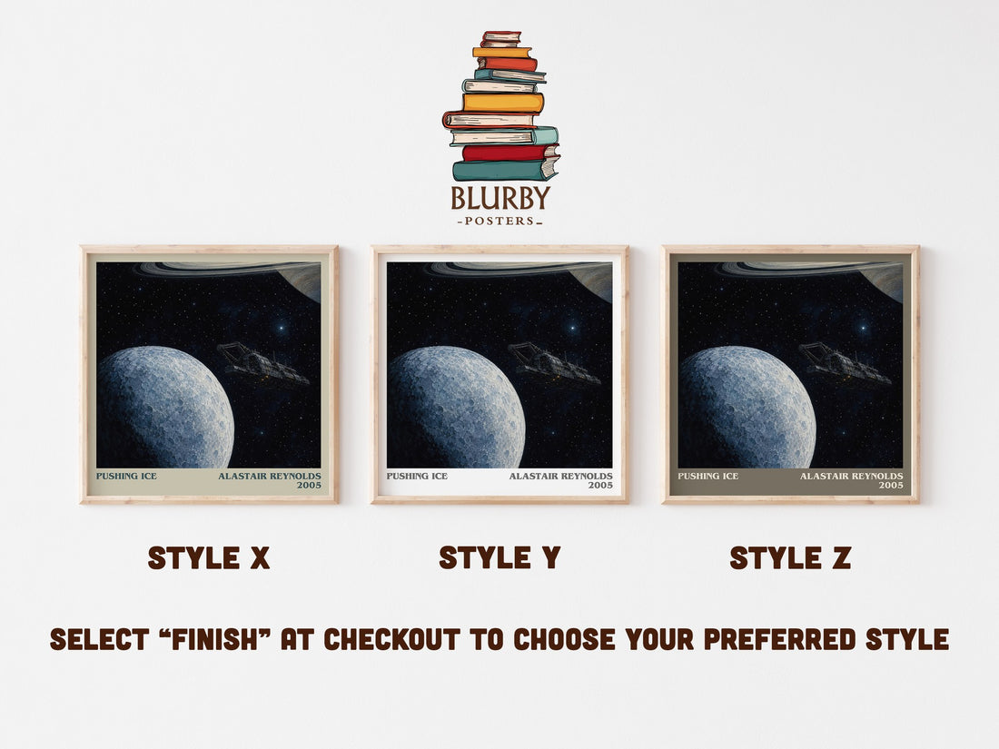 Pushing Ice literary print in frame leaning in hallway – sci fi wall art (mockup)