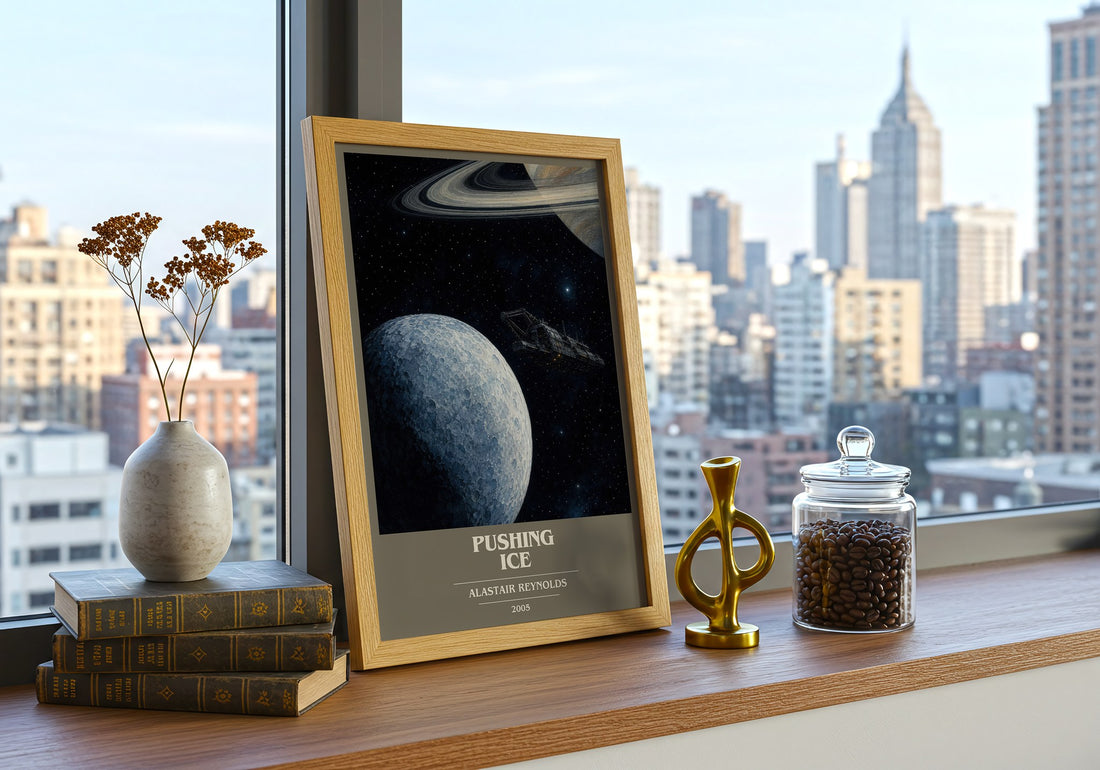 Pushing Ice book cover print framed by window – literary home decor