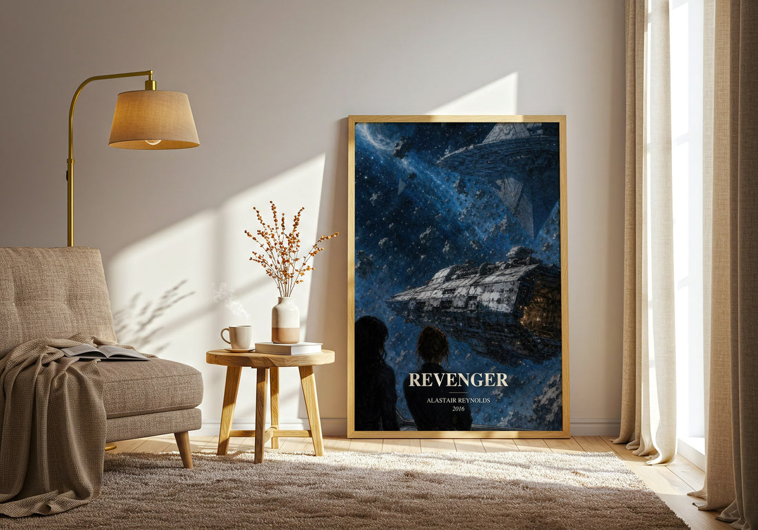 Revenger watercolour print in frame leaning in hallway – sci fi wall art (mockup)