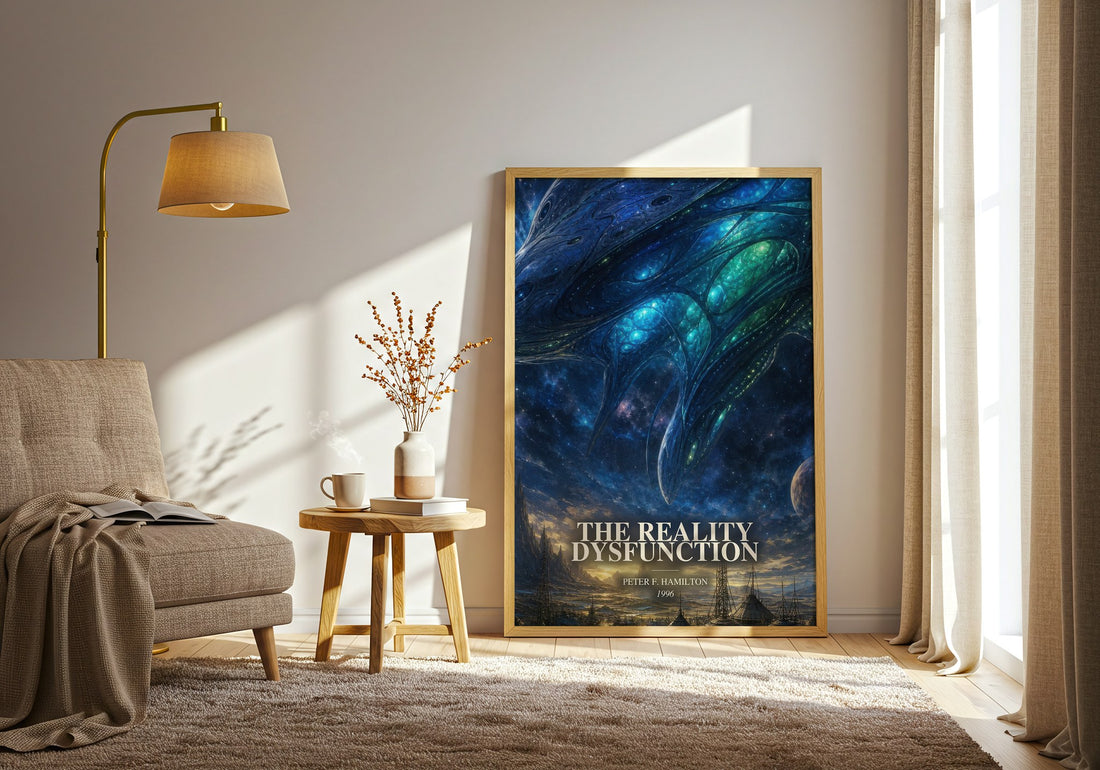 The Reality Dysfunction watercolour print in frame leaning in hallway – sci fi wall art (mockup)