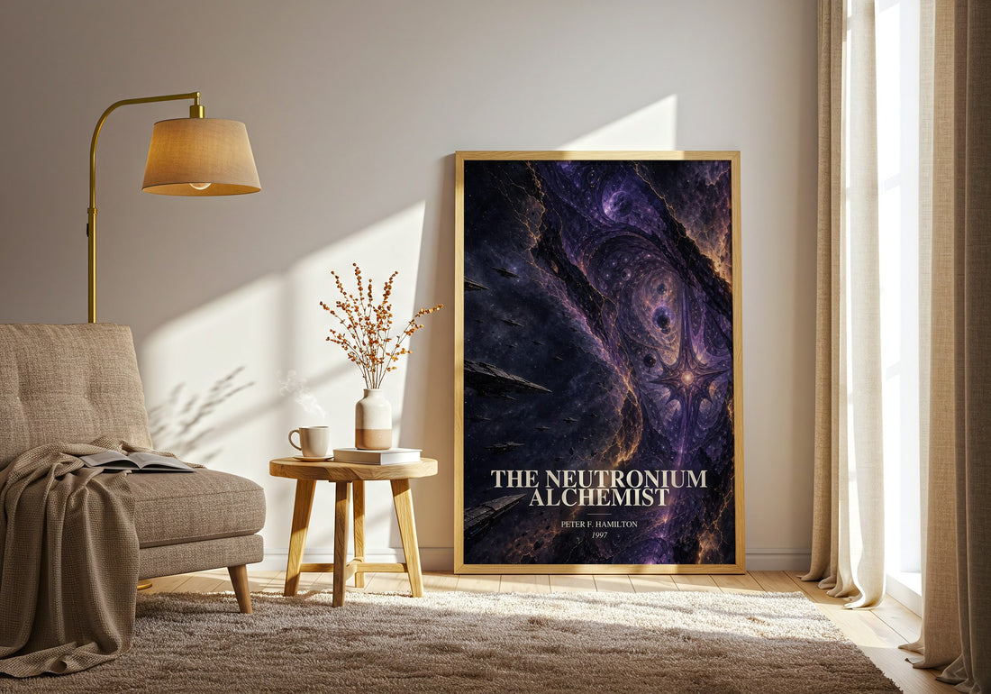 The Neutronium Alchemist watercolour print in frame leaning in hallway – sci fi wall art (mockup)