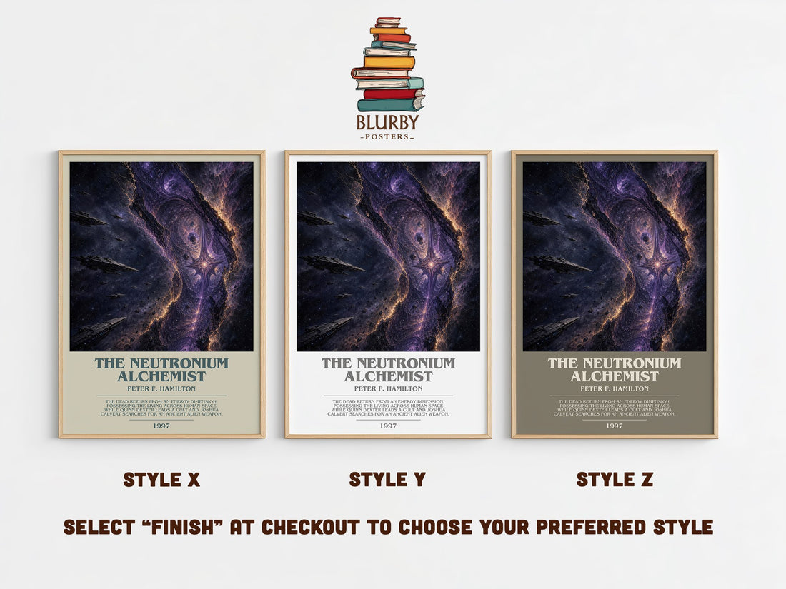 The Neutronium Alchemist bookish print in frame leaning in hallway – sci fi wall art (mockup)