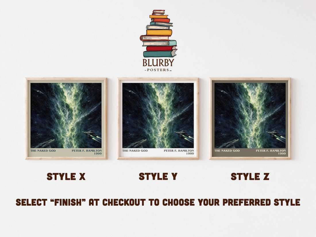 The Naked God literary print in frame leaning in hallway – sci fi wall art (mockup)