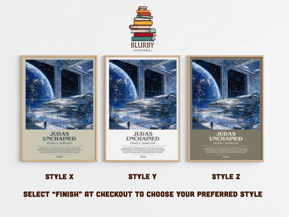 Judas Unchained bookish print in frame leaning in hallway – sci fi wall art (mockup)