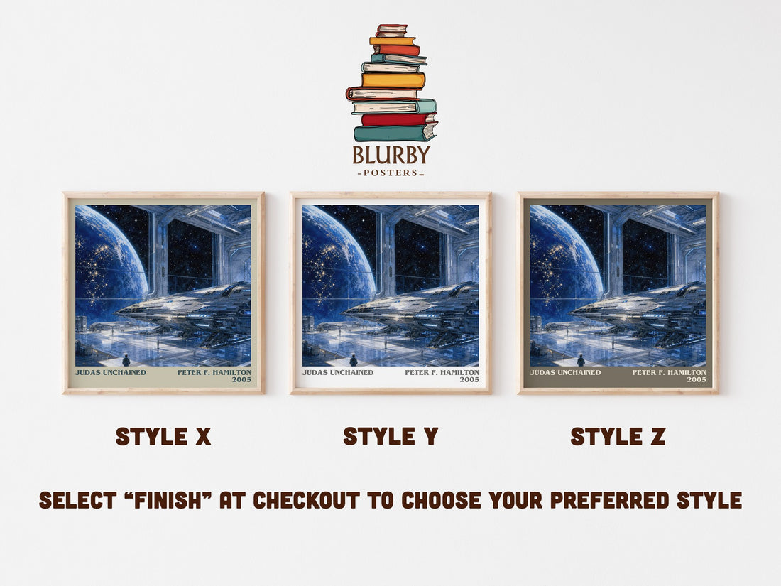 Judas Unchained literary print in frame leaning in hallway – sci fi wall art (mockup)