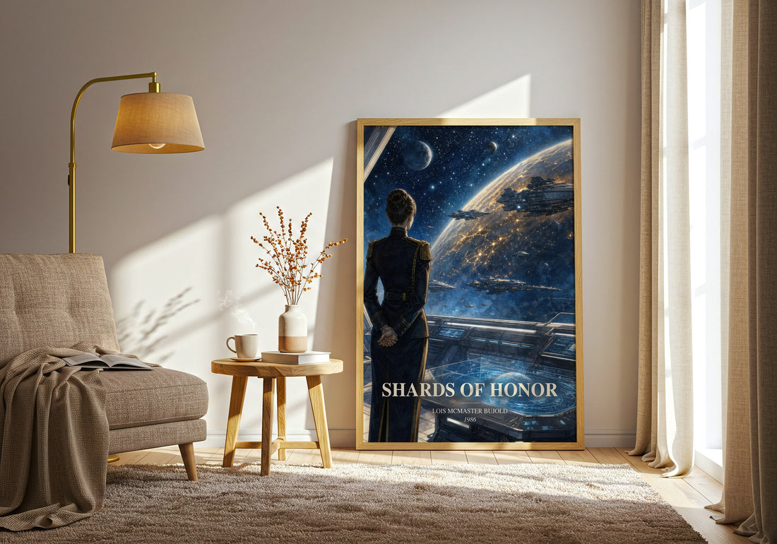 Shards of Honor watercolour print in frame leaning in hallway – sci fi wall art (mockup)