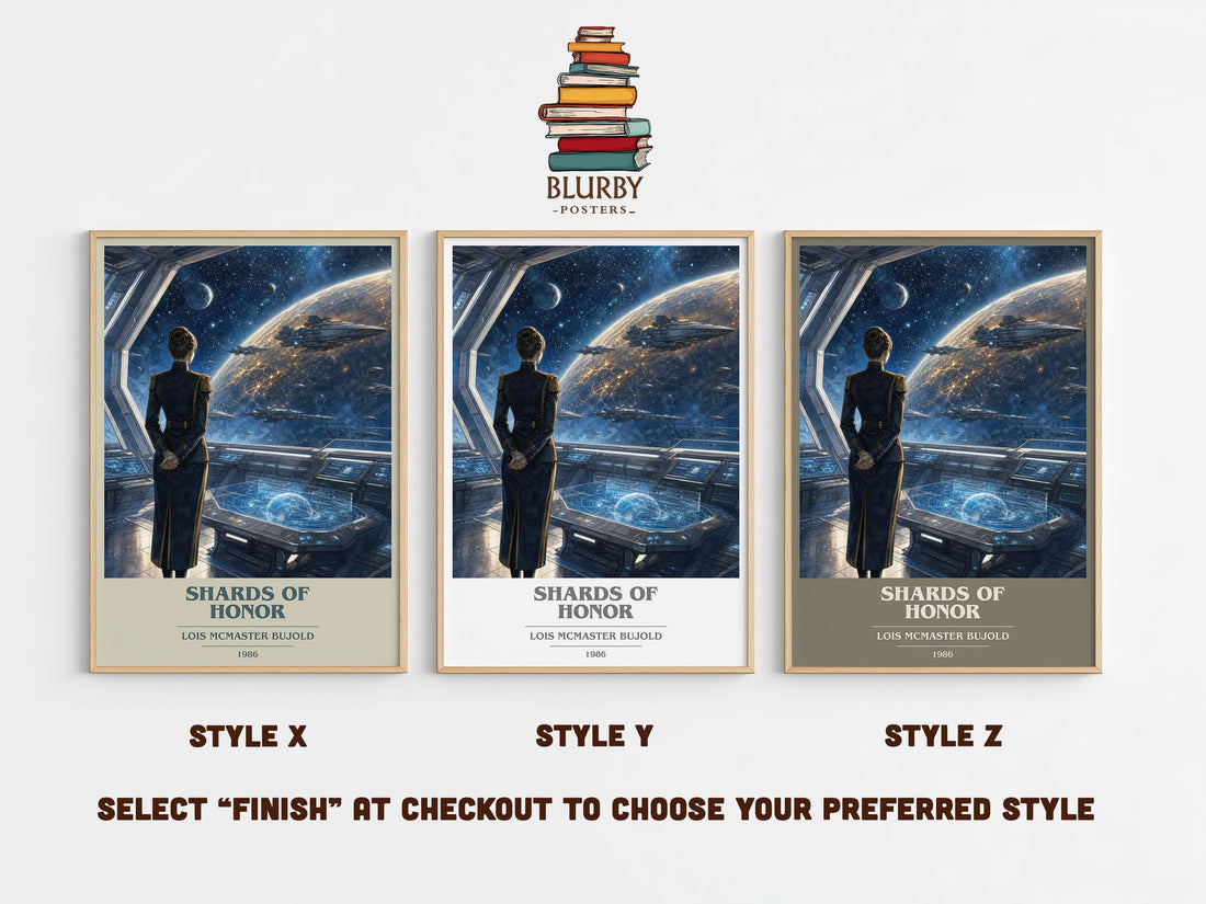 Shards of Honor book cover print in frame leaning in hallway – sci fi wall art (mockup)