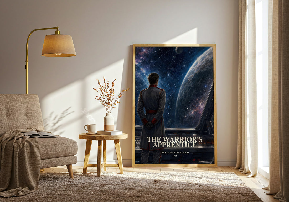 The Warrior's Apprentice watercolour print in frame leaning in hallway – sci fi wall art (mockup)