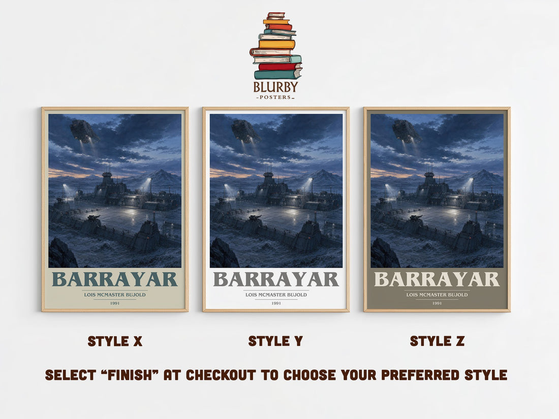 Barrayar book cover print in frame leaning in hallway – sci fi wall art (mockup)