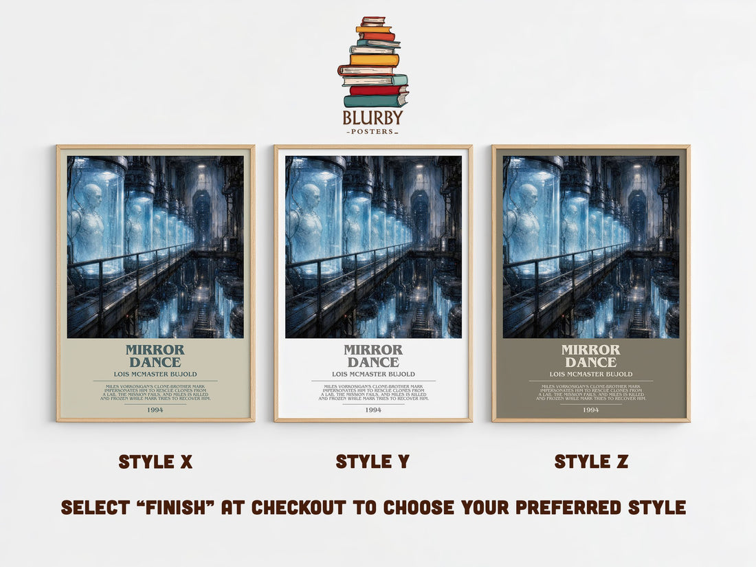 Mirror Dance bookish print in frame leaning in hallway – sci fi wall art (mockup)