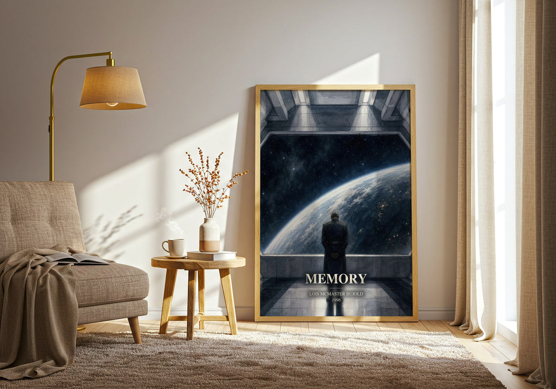 Memory watercolour print in frame leaning in hallway – sci fi wall art (mockup)