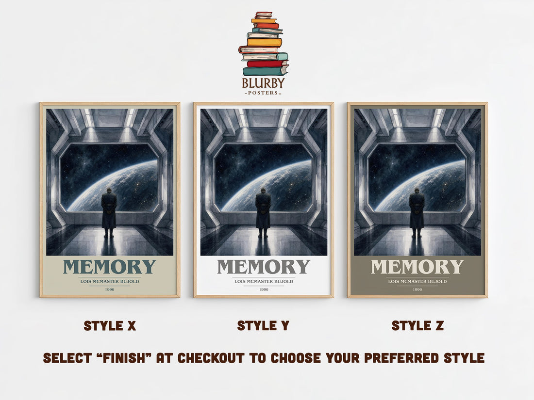 Memory book cover print in frame leaning in hallway – sci fi wall art (mockup)