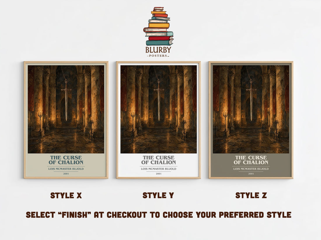 The Curse of Chalion book cover print in frame leaning in hallway – fantasy wall art (mockup)
