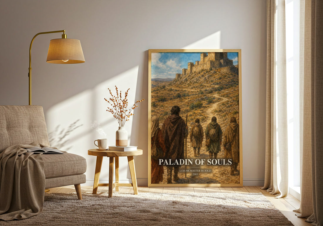 Paladin of Souls watercolour print in frame leaning in hallway – fantasy wall art (mockup)