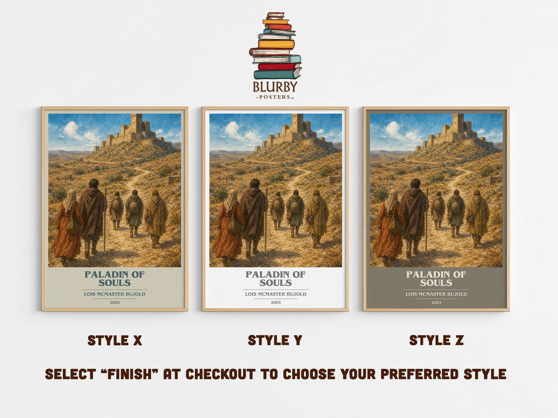 Paladin of Souls book cover print in frame leaning in hallway – fantasy wall art (mockup)