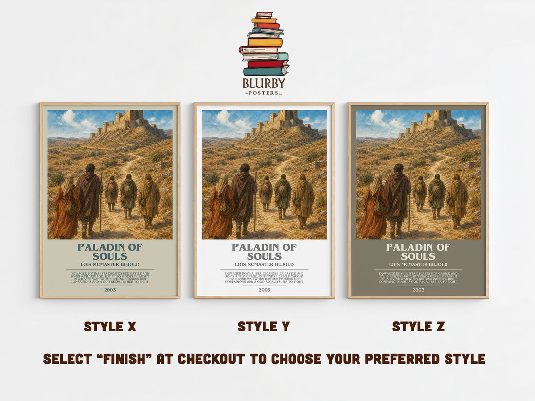 Paladin of Souls bookish print in frame leaning in hallway – fantasy wall art (mockup)