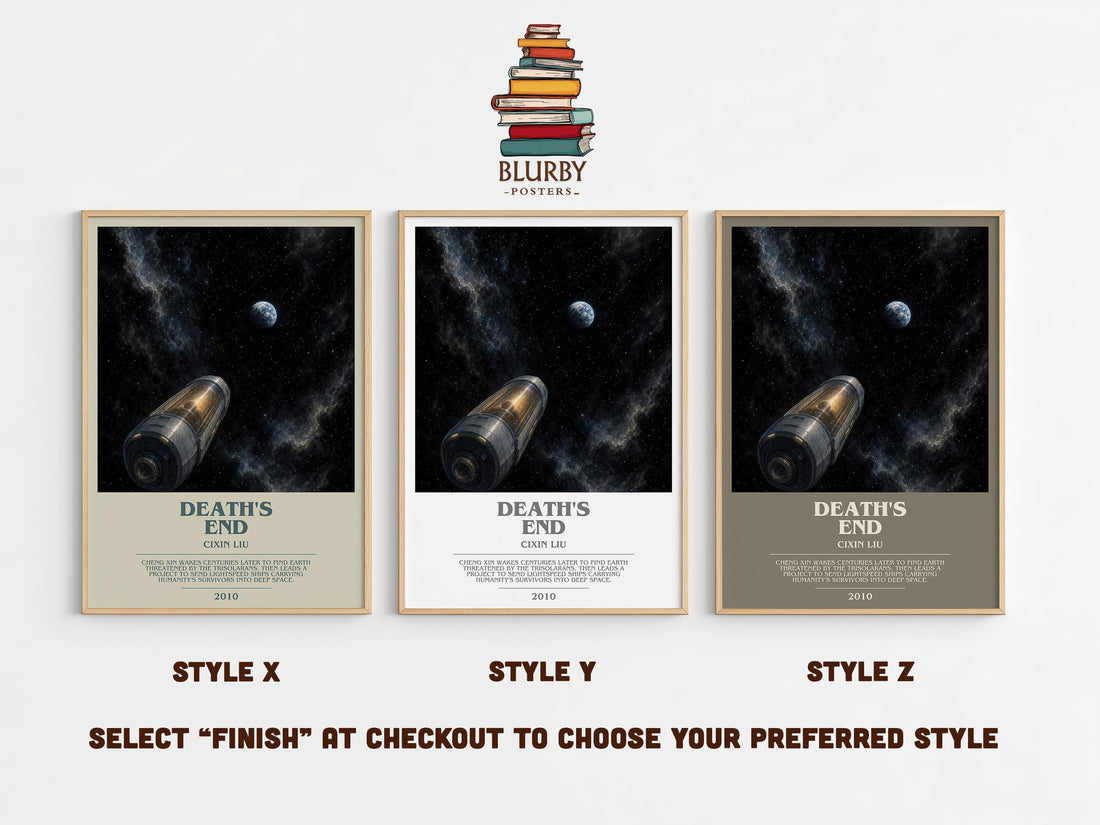 Death's End bookish print in frame leaning in hallway – sci fi wall art (mockup)