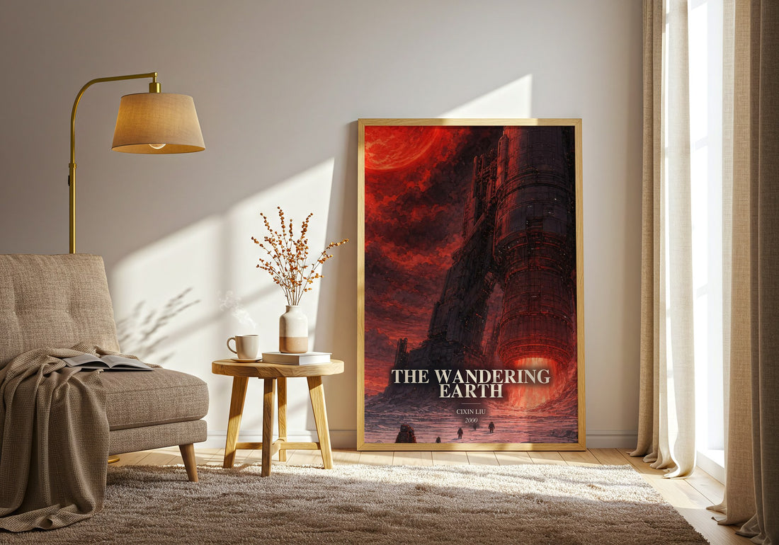 The Wandering Earth watercolour print in frame leaning in hallway – sci fi wall art (mockup)