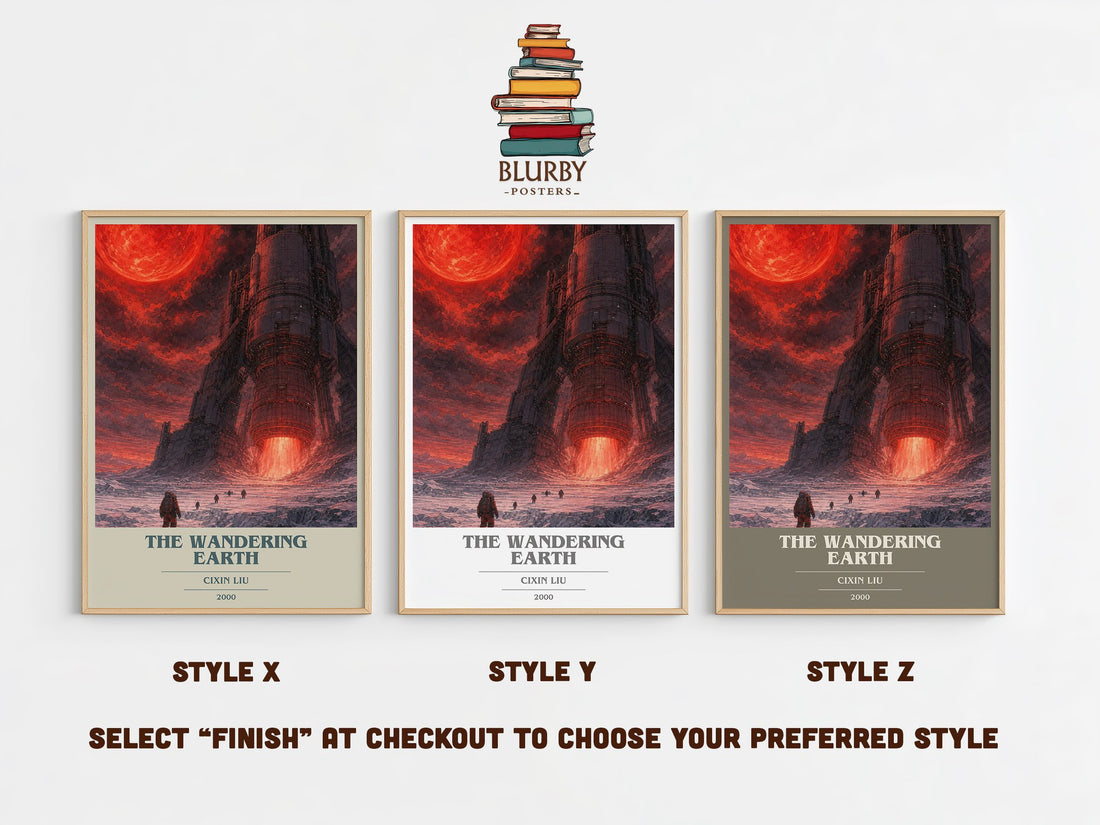 The Wandering Earth book cover print in frame leaning in hallway – sci fi wall art (mockup)