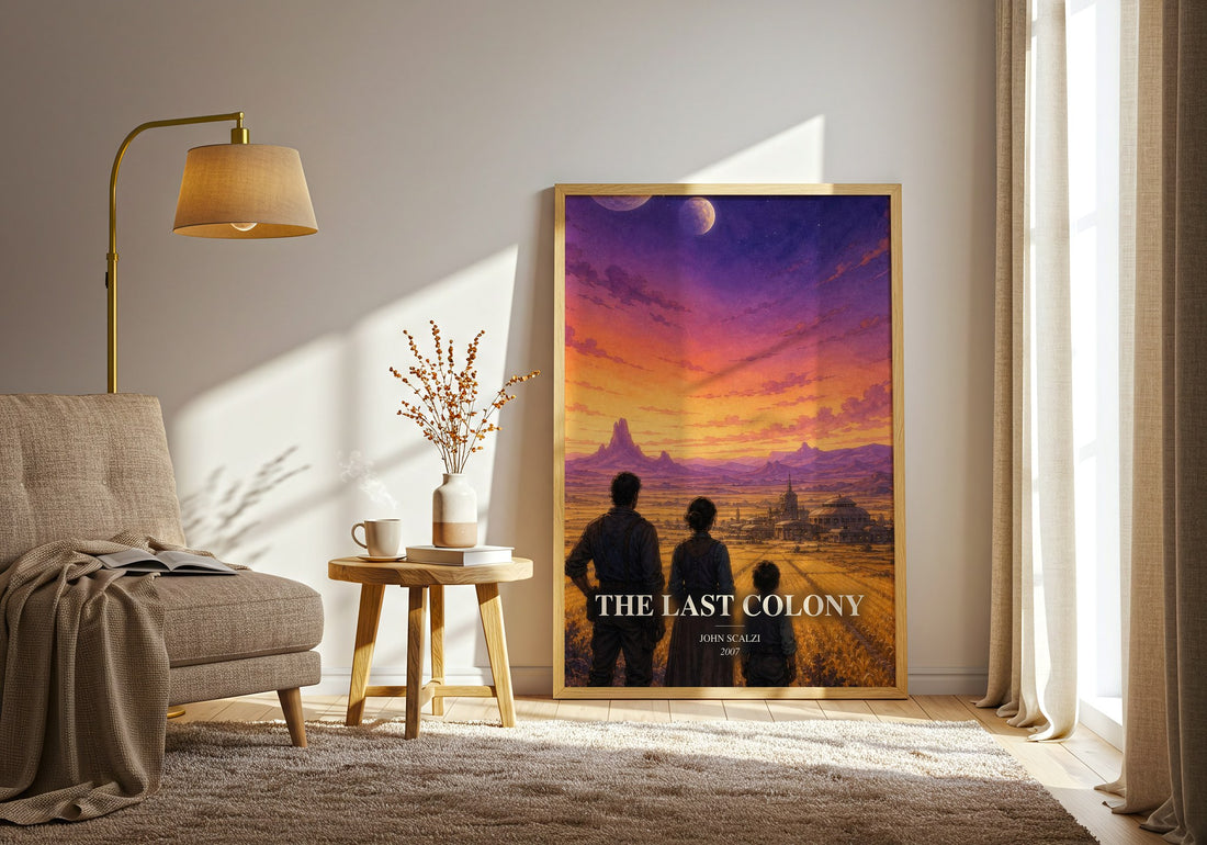 The Last Colony watercolour print in frame leaning in hallway – sci fi wall art (mockup)
