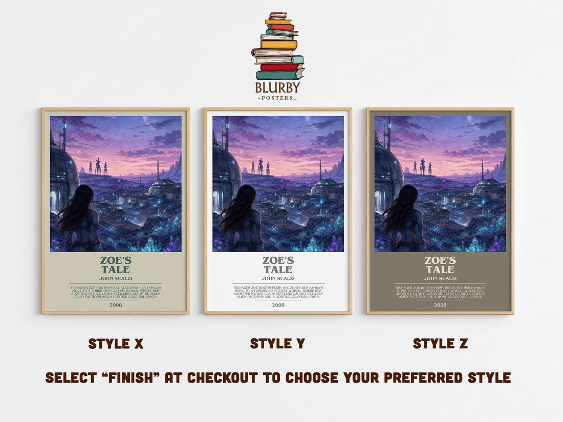 Zoe's Tale bookish print in frame leaning in hallway – sci fi wall art (mockup)