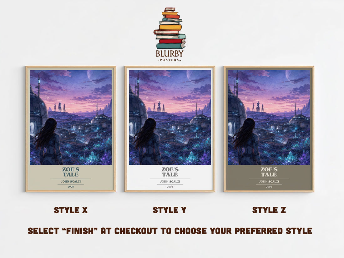 Zoe's Tale book cover print in frame leaning in hallway – sci fi wall art (mockup)