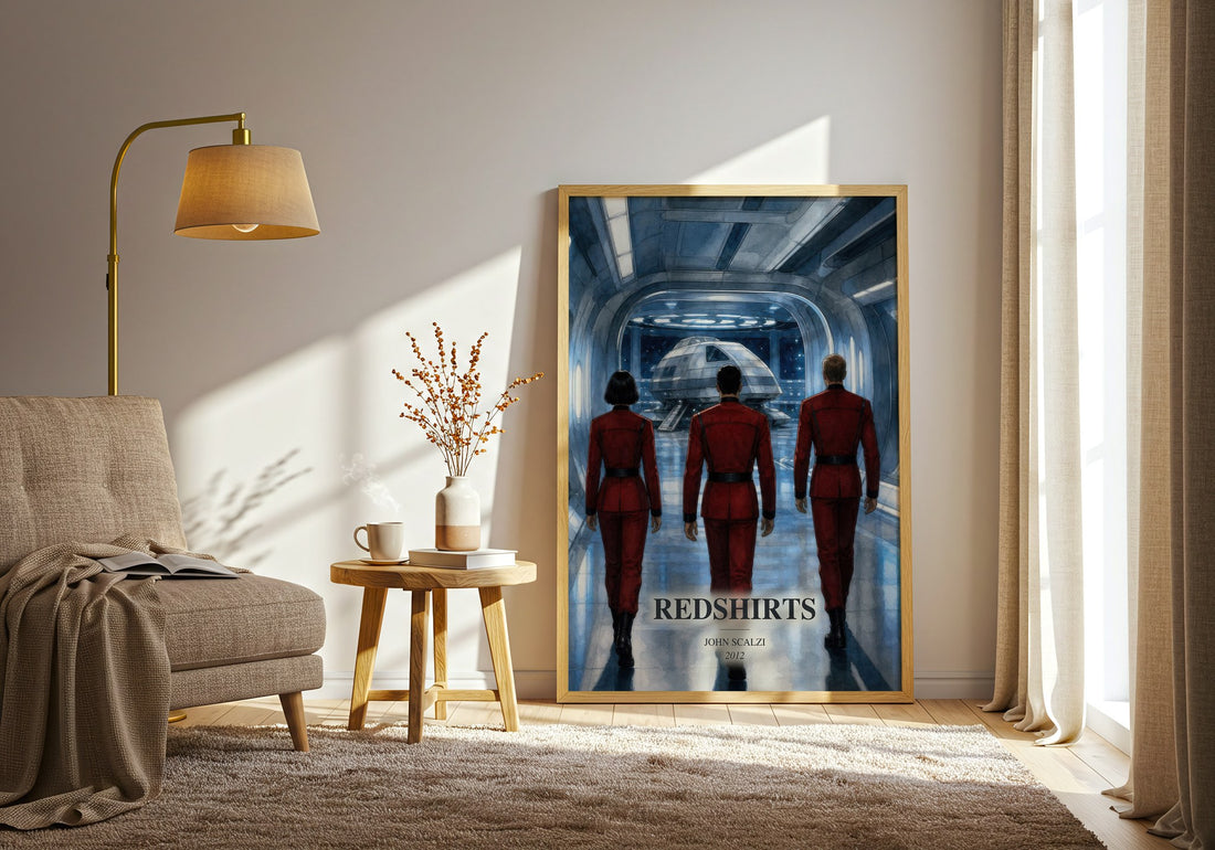 Redshirts watercolour print in frame leaning in hallway – sci fi wall art (mockup)