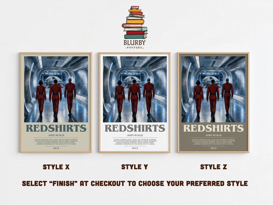 Redshirts bookish print in frame leaning in hallway – sci fi wall art (mockup)