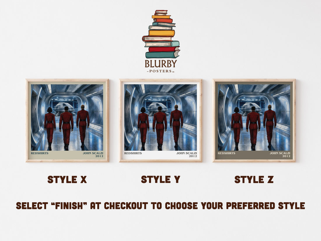 Redshirts literary print in frame leaning in hallway – sci fi wall art (mockup)