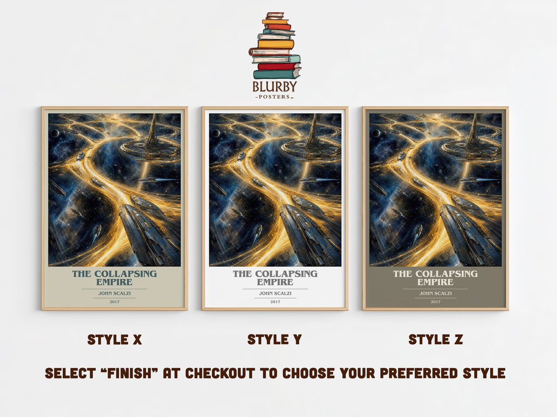 The Collapsing Empire book cover print in frame leaning in hallway – sci fi wall art (mockup)