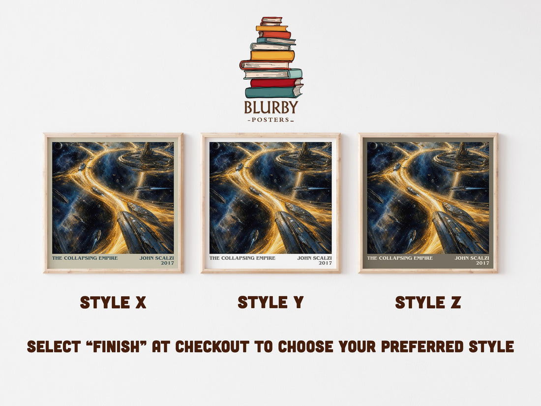 The Collapsing Empire literary print in frame leaning in hallway – sci fi wall art (mockup)