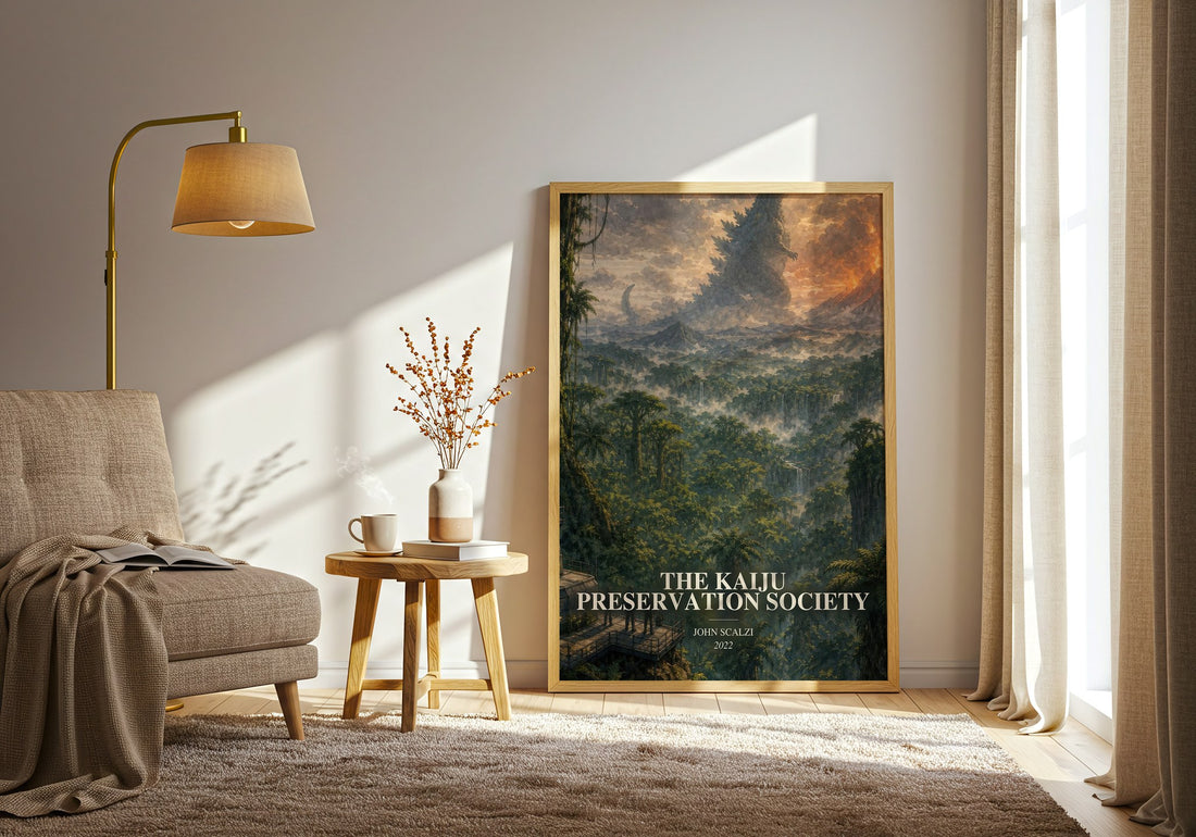 The Kaiju Preservation Society watercolour print in frame leaning in hallway – sci fi wall art (mockup)