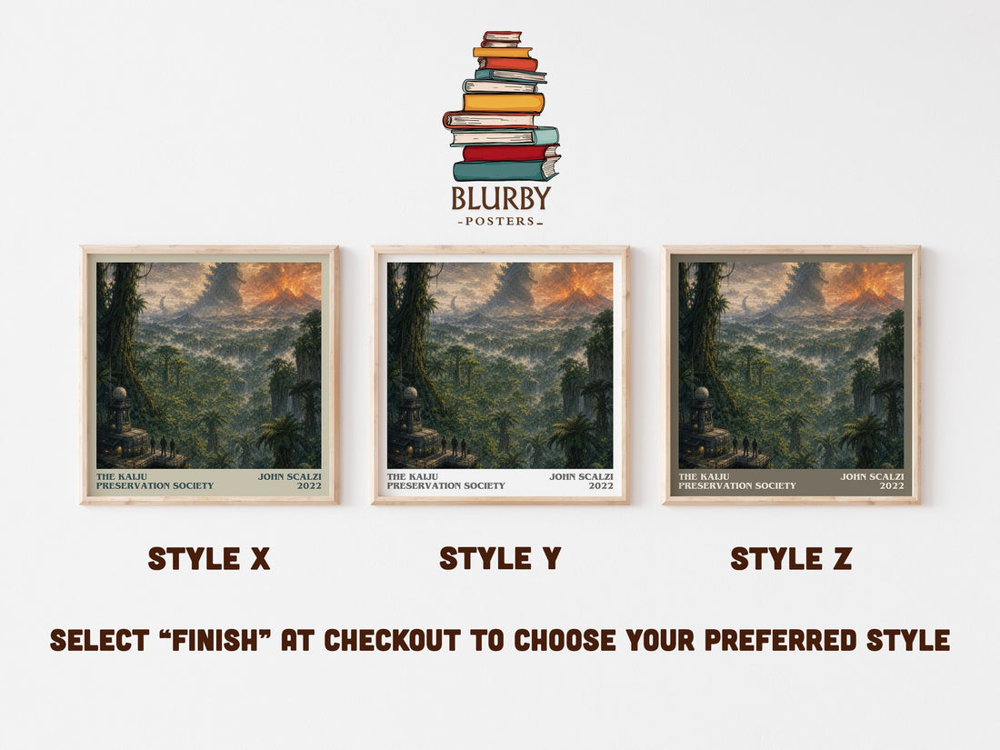 The Kaiju Preservation Society literary print in frame leaning in hallway – sci fi wall art (mockup)