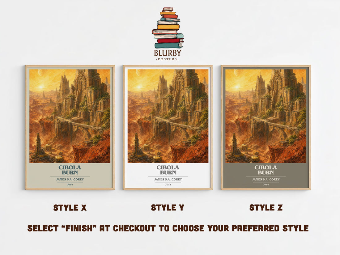 Cibola Burn book cover print in frame leaning in hallway – sci fi wall art (mockup)