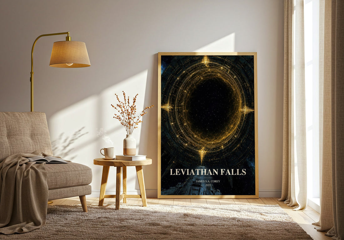 Leviathan Falls watercolour print in frame leaning in hallway – sci fi wall art (mockup)