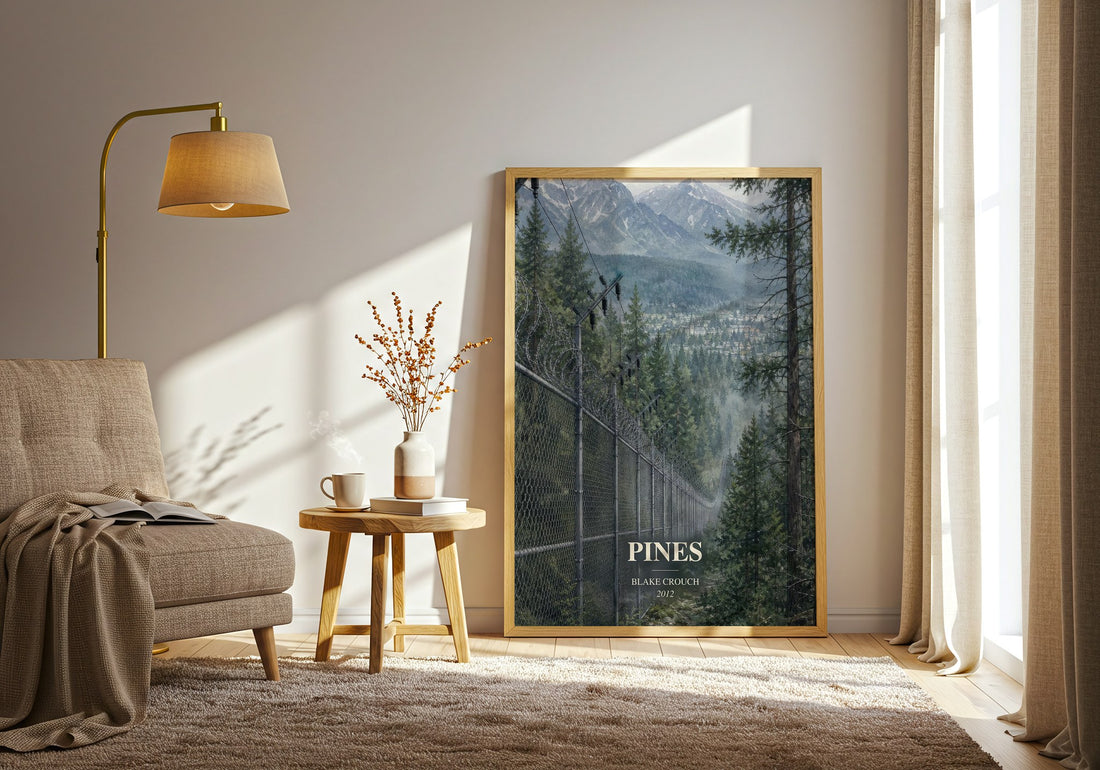 Pines watercolour print in frame leaning in hallway – thriller wall art (mockup)