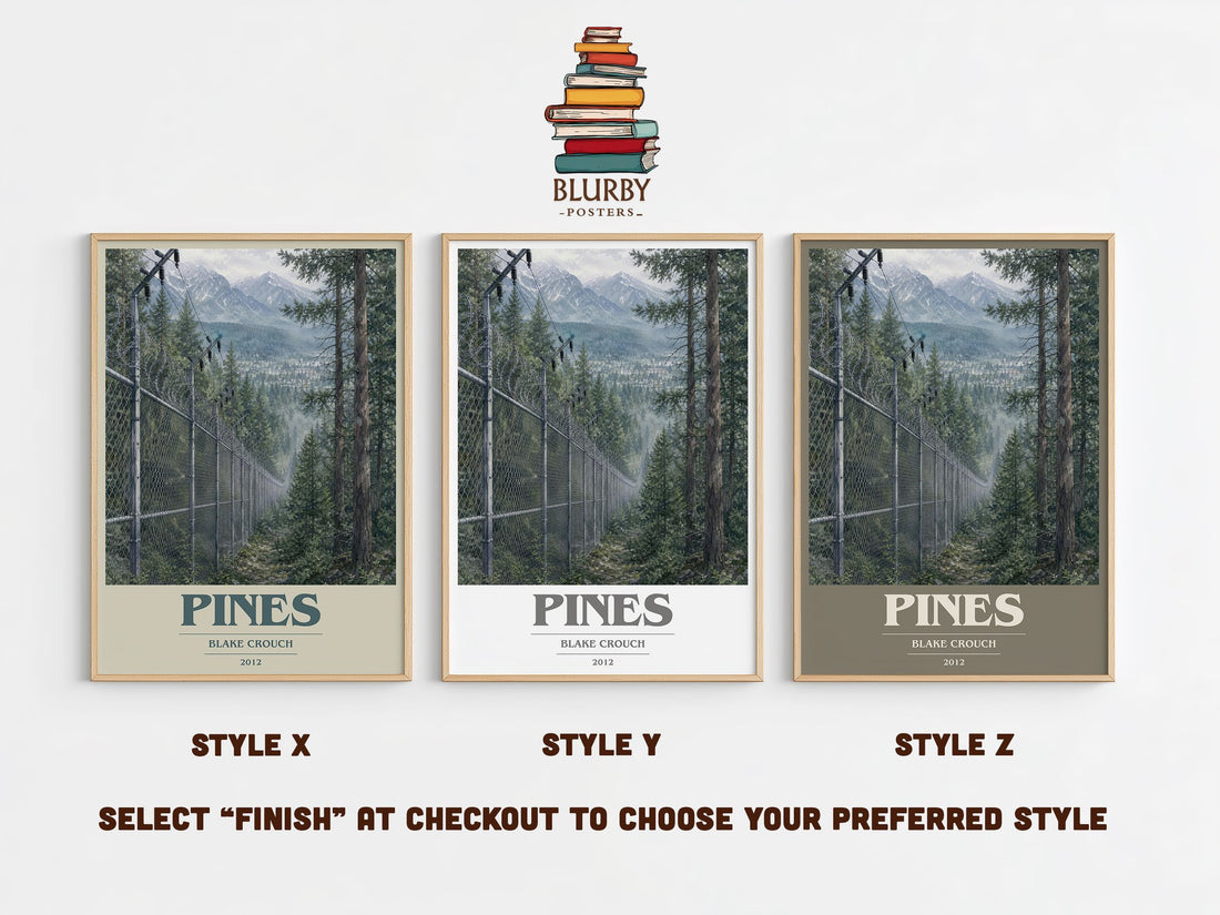 Pines book cover print in frame leaning in hallway – thriller wall art (mockup)