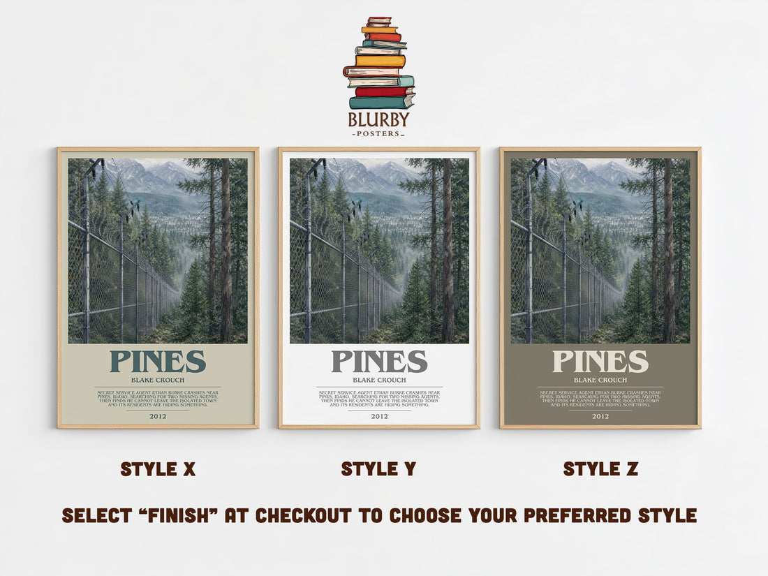 Pines bookish print in frame leaning in hallway – thriller wall art (mockup)