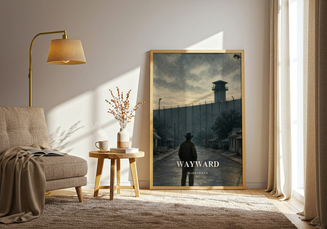 Wayward watercolour print in frame leaning in hallway – thriller wall art (mockup)