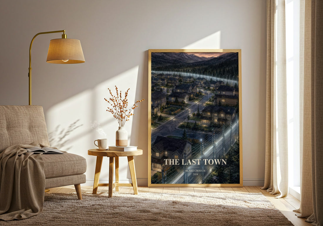The Last Town watercolour print in frame leaning in hallway – thriller wall art (mockup)