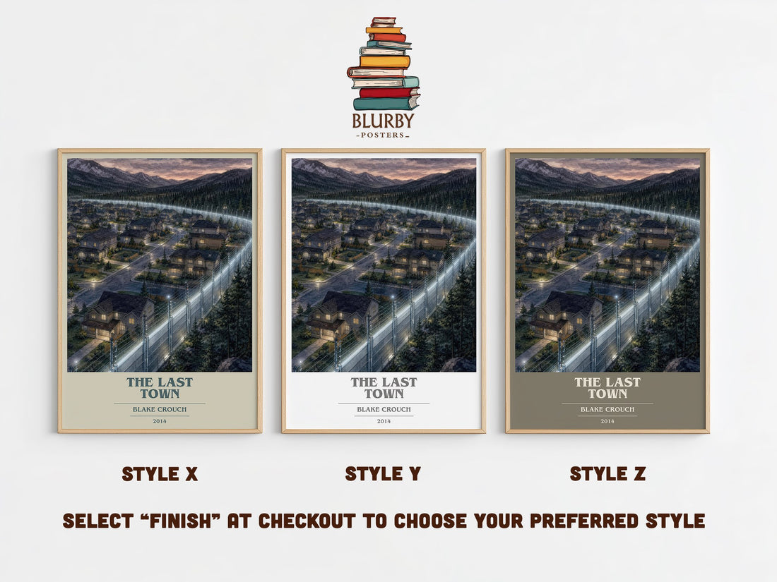 The Last Town book cover print in frame leaning in hallway – thriller wall art (mockup)