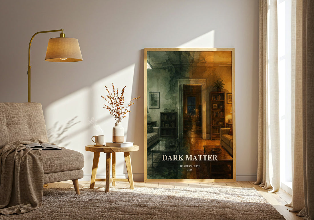 Dark Matter watercolour print in frame leaning in hallway – sci fi wall art (mockup)