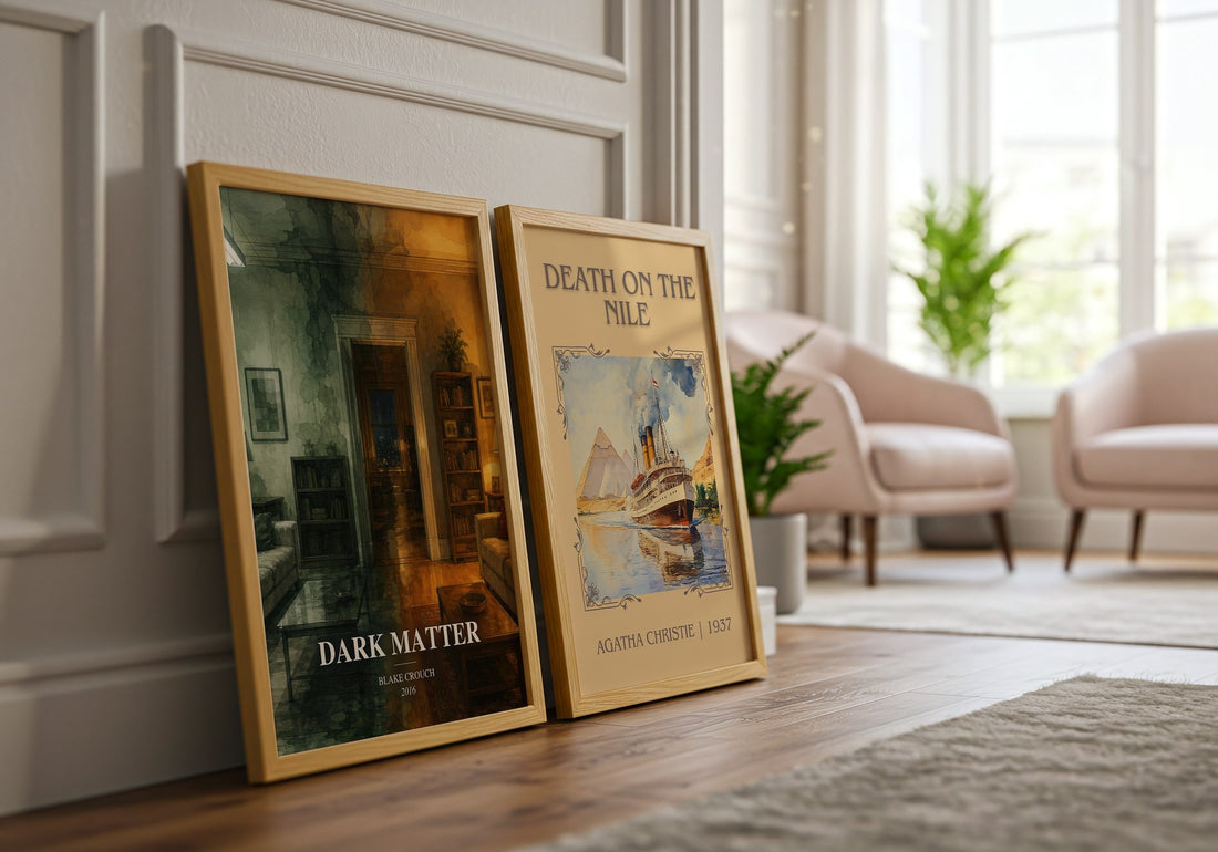 Dark Matter watercolour print framed by window – literary home decor